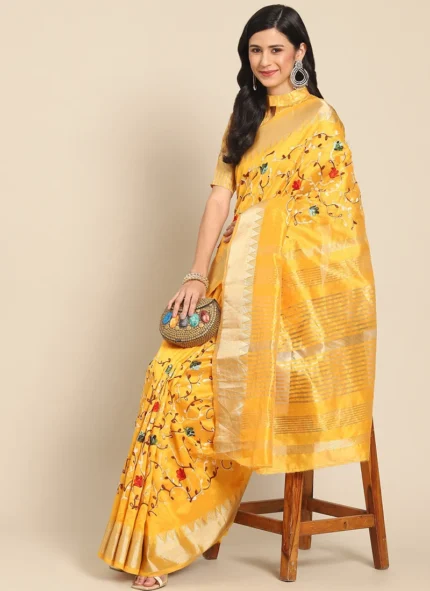 Assam Cotton Silk Thread Embroidered Work Temple Contrast Border Saree Festive Wear