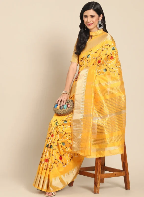Assam Cotton Silk Thread Embroidered Work Temple Contrast Border Saree Festive Wear