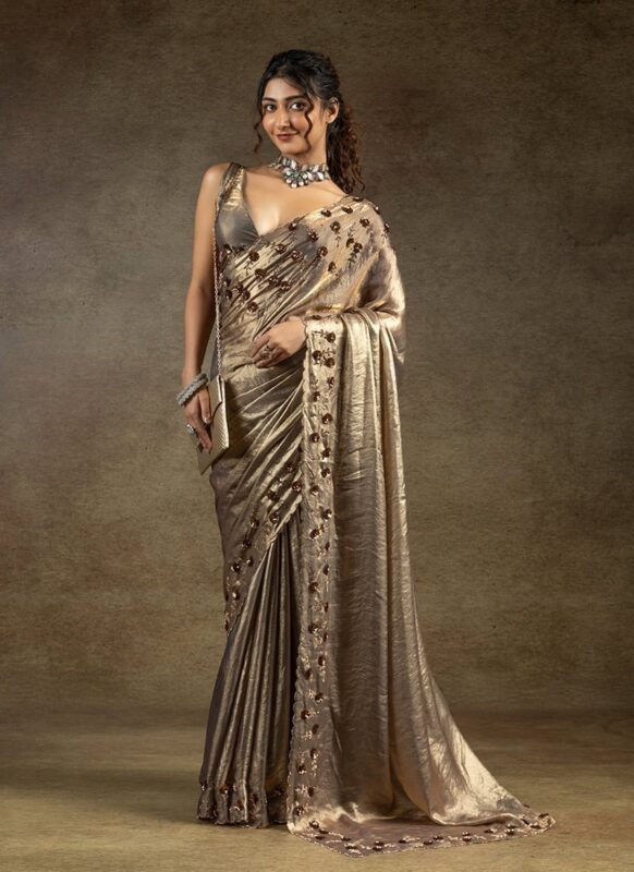 Grey Satin Silk Hand Embroidered Sequins With Applique And Stone Work Saree Wedding Wear