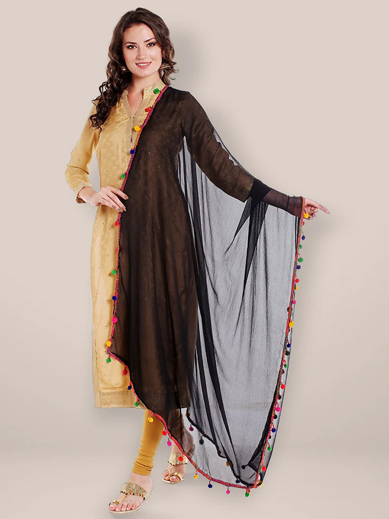 Chiffon Dupatta with Multicolored Pompom Balls - Image 12