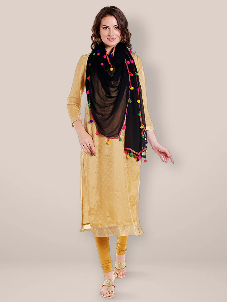 Chiffon Dupatta with Multicolored Pompom Balls - Image 13