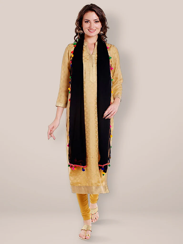 Chiffon Dupatta with Multicolored Pompom Balls - Image 14