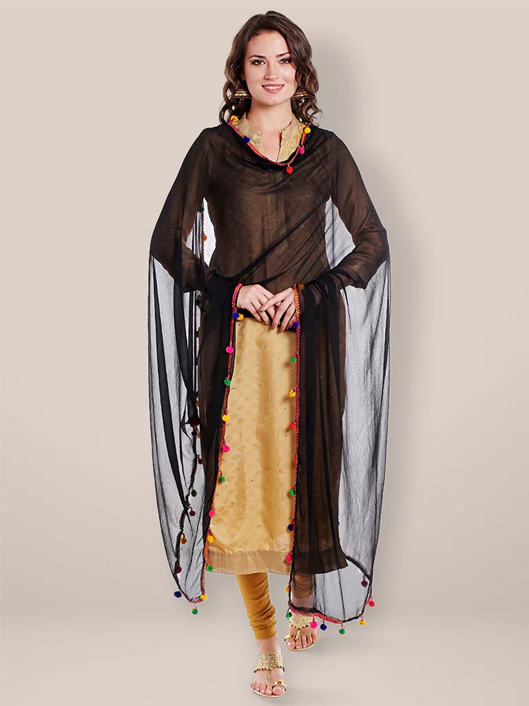 Chiffon Dupatta with Multicolored Pompom Balls - Image 15