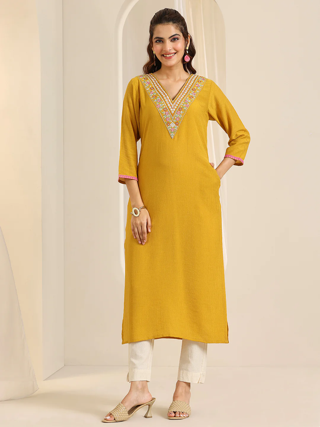 Mustard Yoke Design Silk Blend Straight Kurta - Image 2