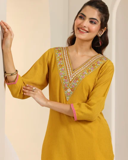 Mustard Yoke Design Silk Blend Straight Kurta