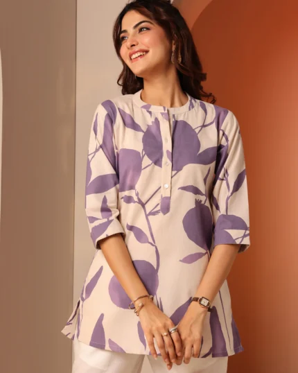 Off White Printed Cotton Straight Short Kurti