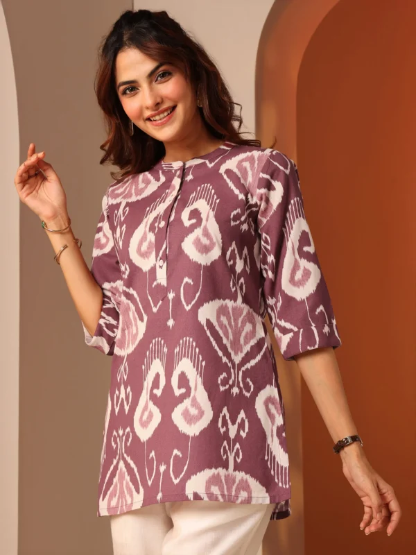 Rust Printed Cotton Straight Short Kurti