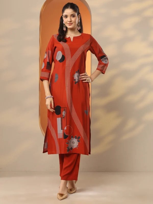 Rust Printed Silk Blend Straight Kurta