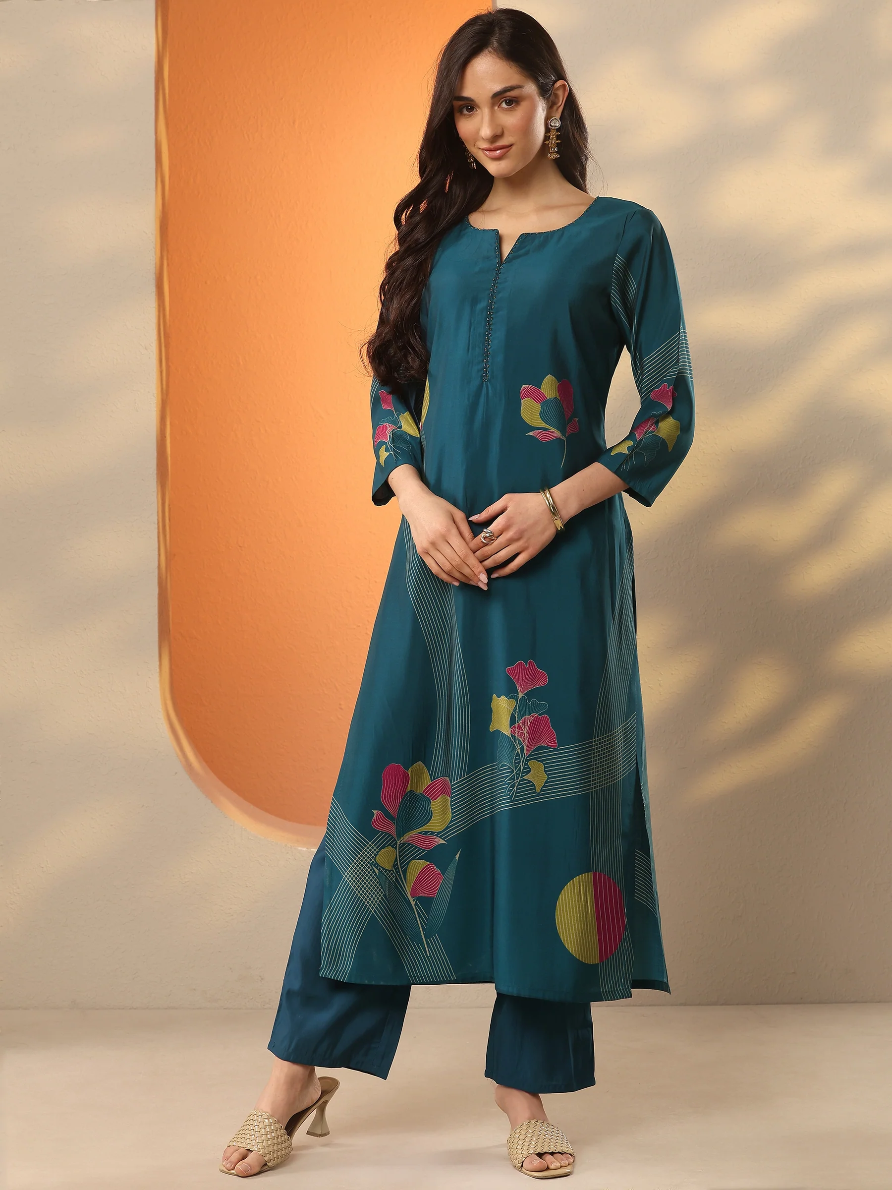 Blue Printed Silk Blend Straight Kurta - Image 2
