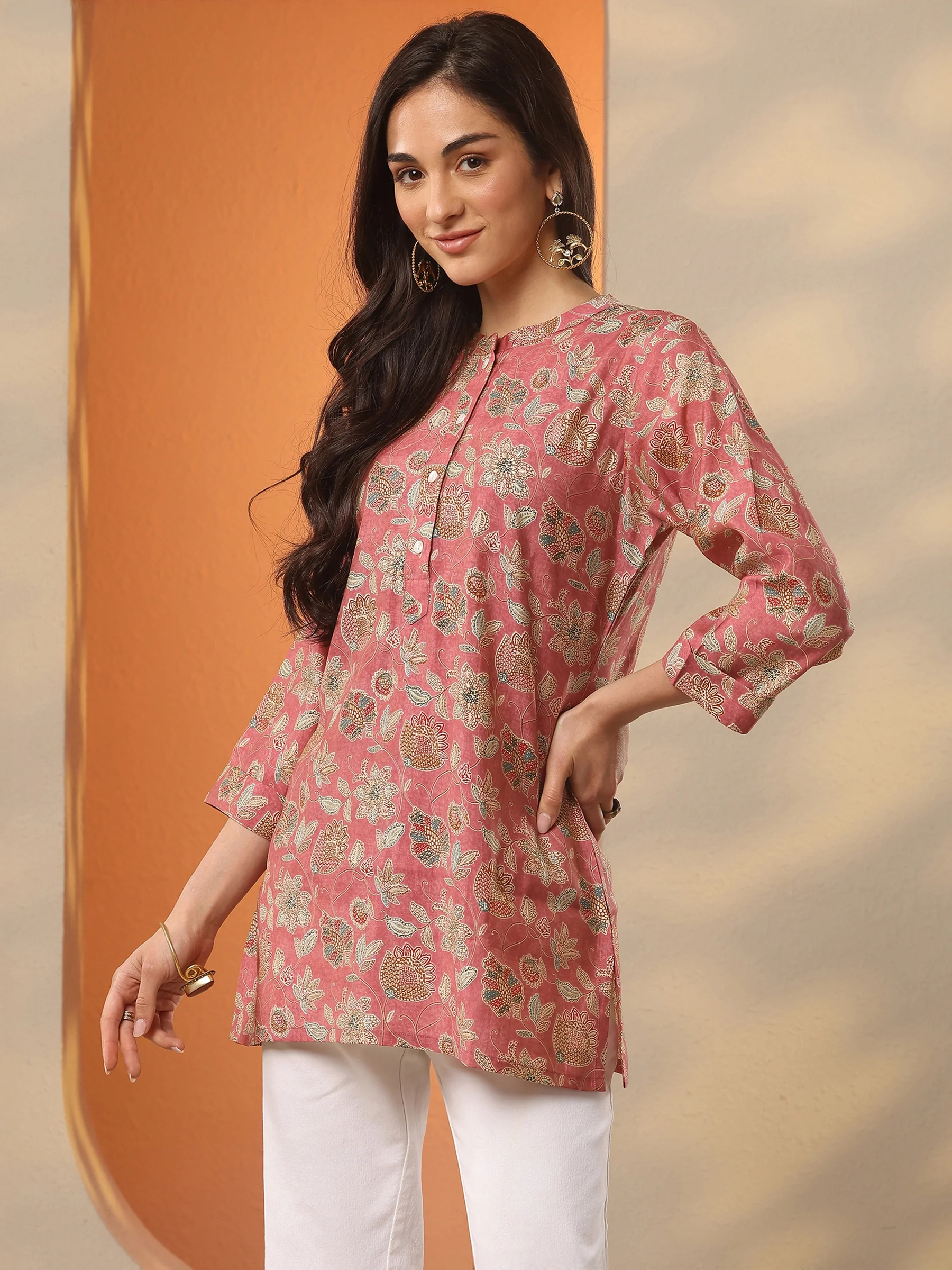 Pink Printed Silk Blend Straight Short Kurti - Image 2