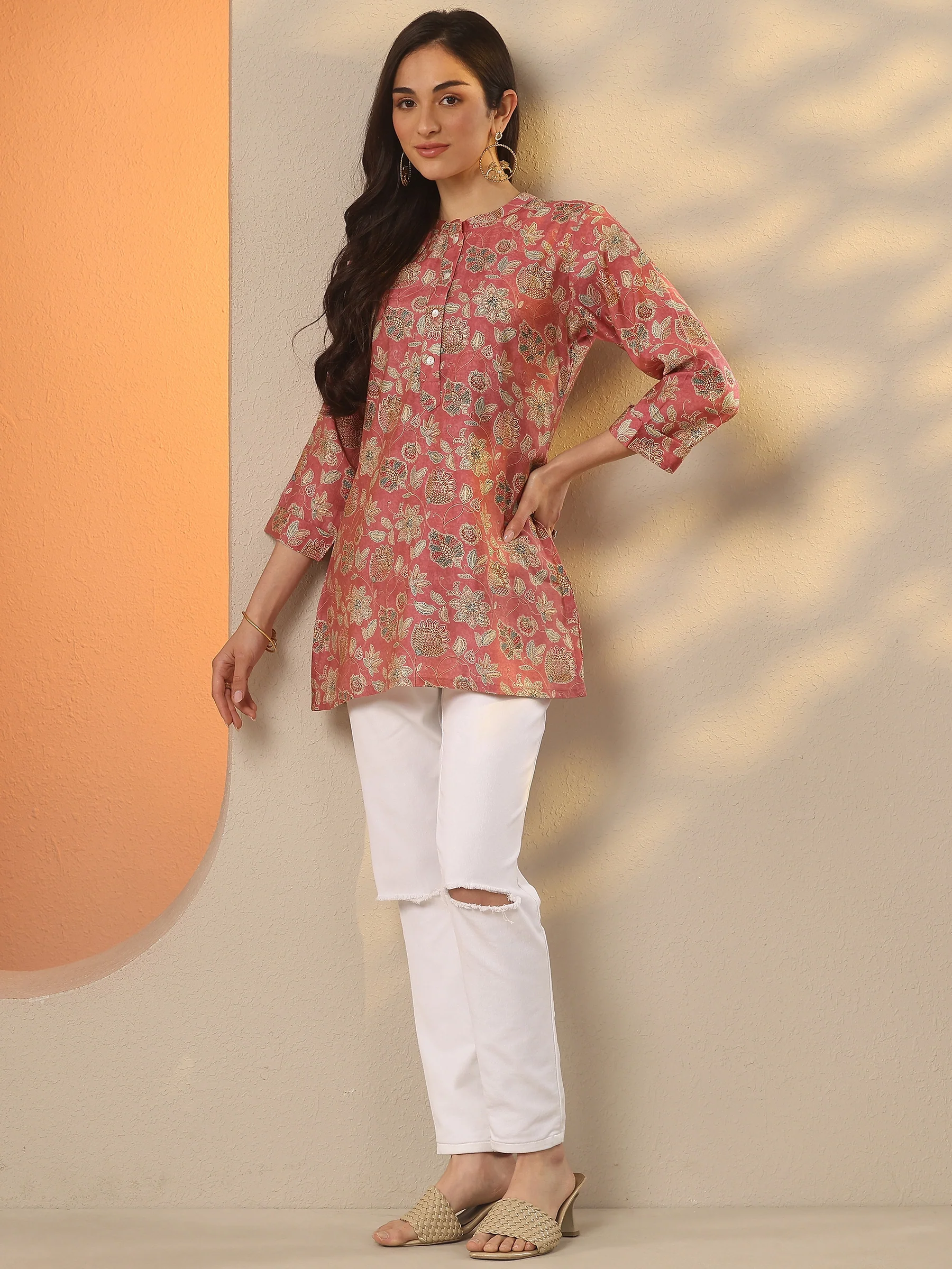 Pink Printed Silk Blend Straight Short Kurti - Image 5