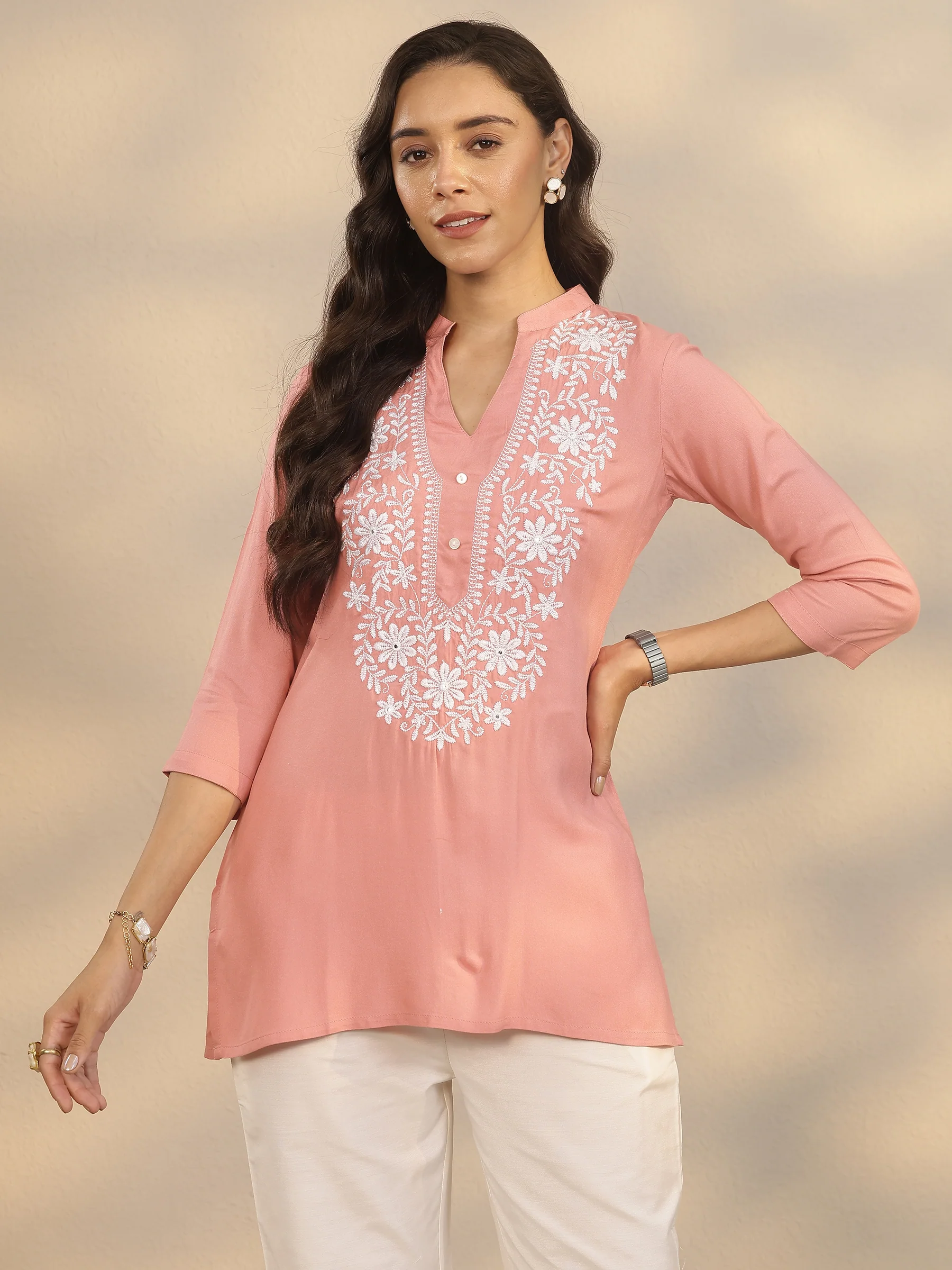 Peach Yoke Design Rayon Straight Short Kurti - Image 2