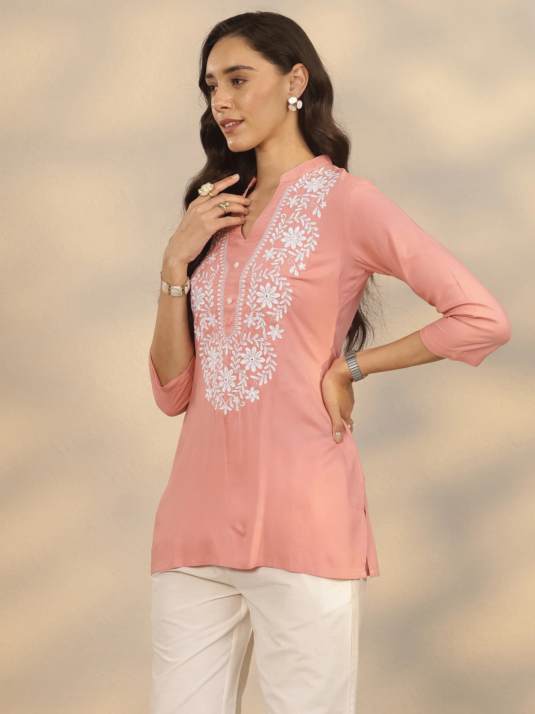 Peach Yoke Design Rayon Straight Short Kurti - Image 3