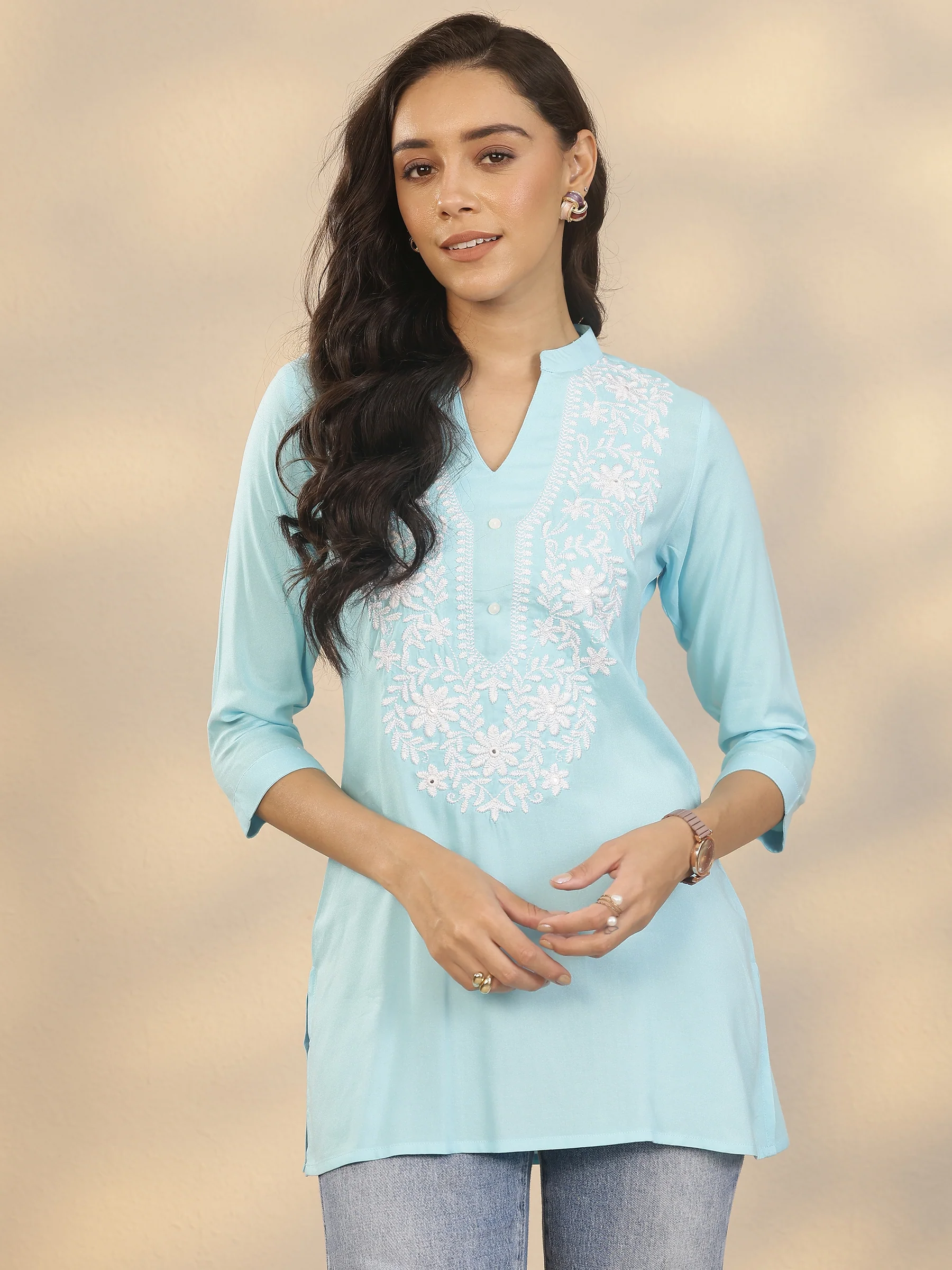 Blue Yoke Design Rayon Straight Short Kurti - Image 2