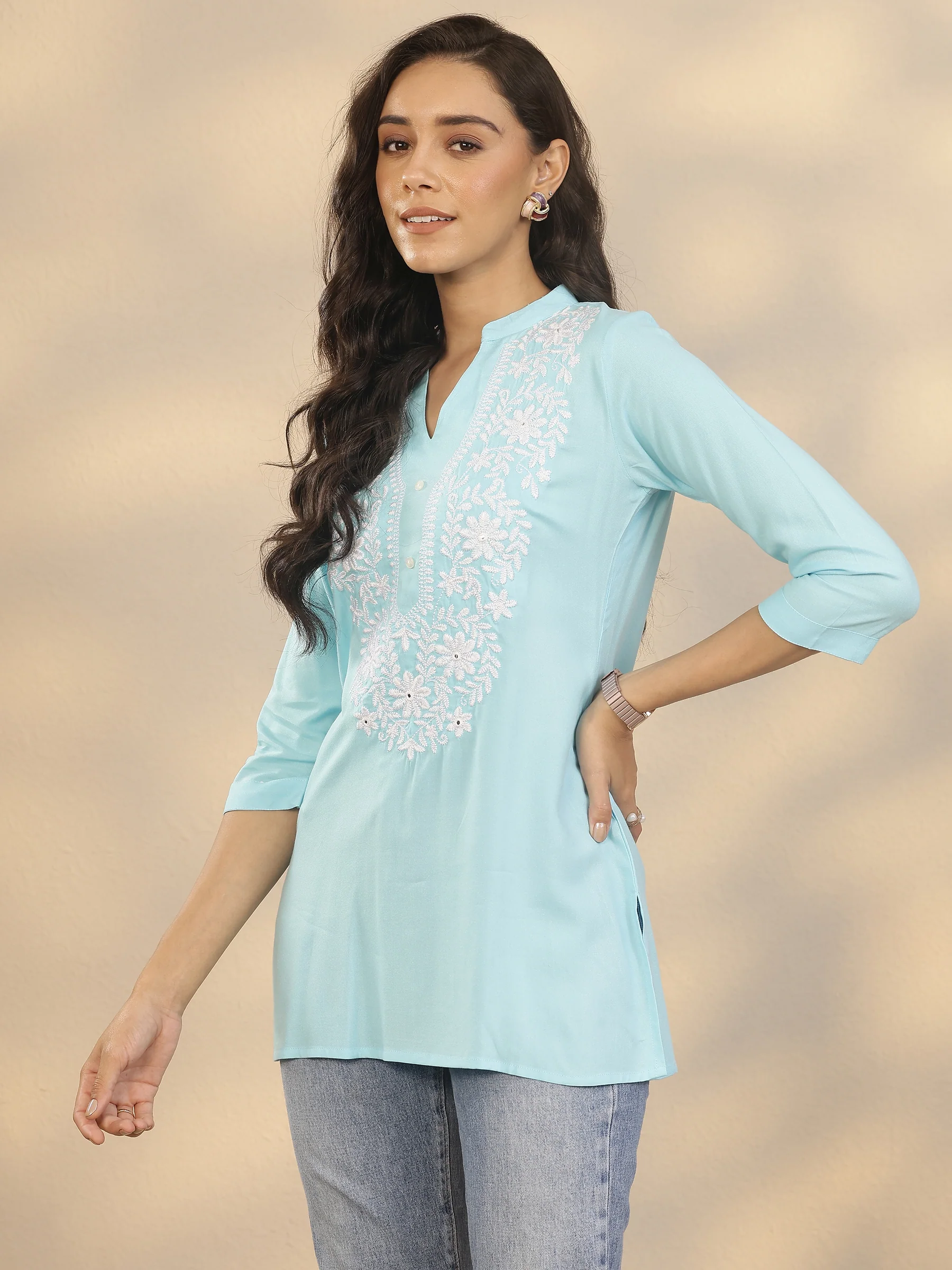 Blue Yoke Design Rayon Straight Short Kurti - Image 3