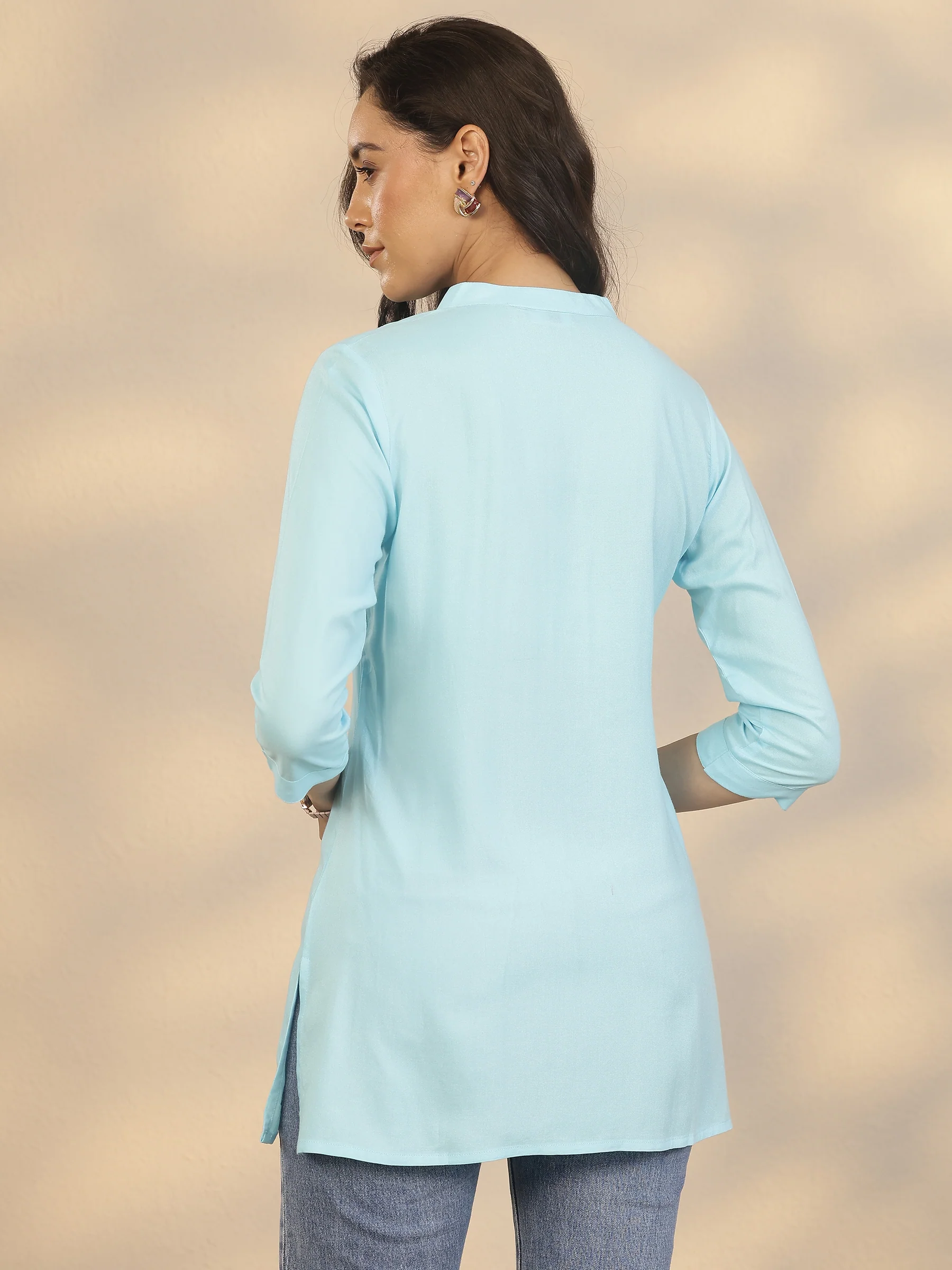 Blue Yoke Design Rayon Straight Short Kurti - Image 4