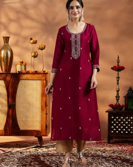 Maroon Embroidered Silk Straight Kurta