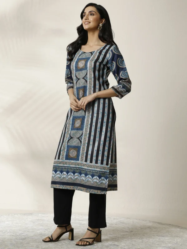 Blue Printed Cotton Blend Straight Kurta