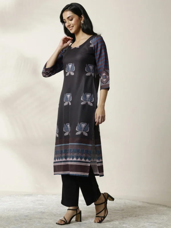 Black Printed Cotton Blend Straight Kurta