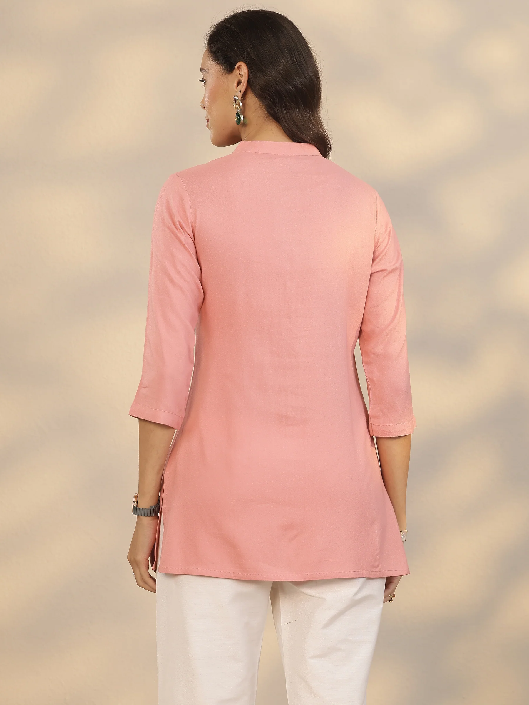 Peach Yoke Design Rayon Straight Short Kurti - Image 6