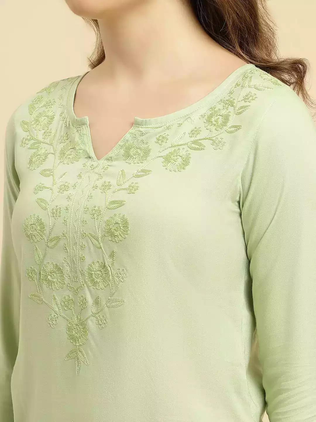 Pista Green Kashmiri Silk Work Short Kurti - Image 7