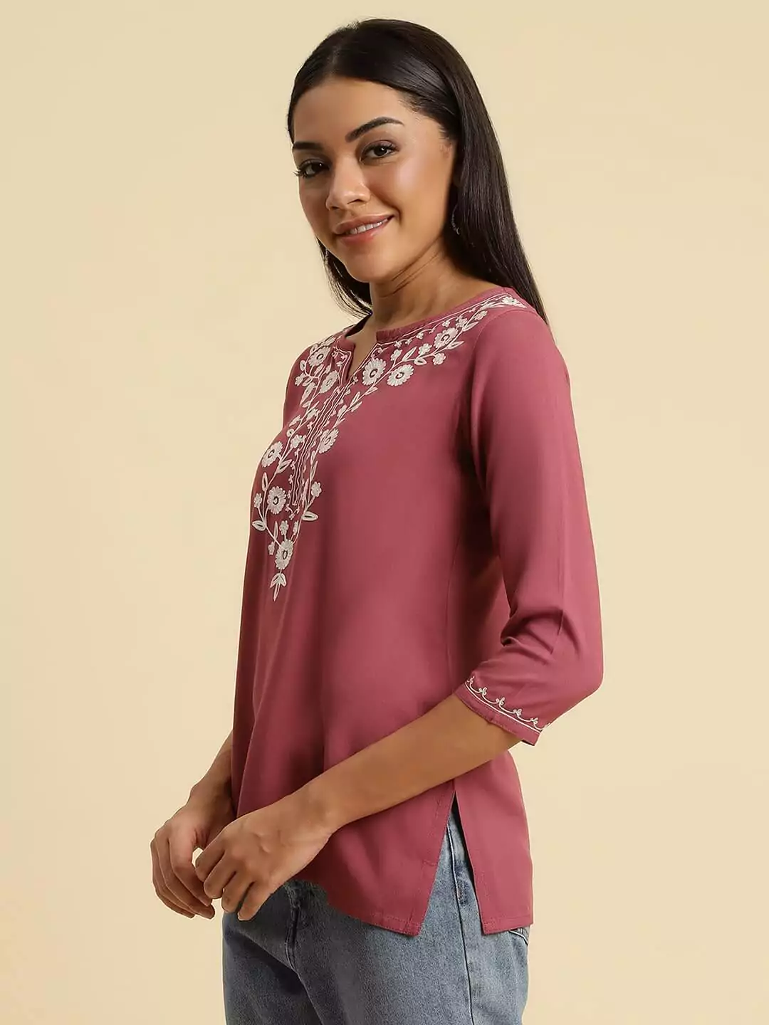 Wild Orchid Pink Kashmiri Silk Work Short Kurti - Image 6