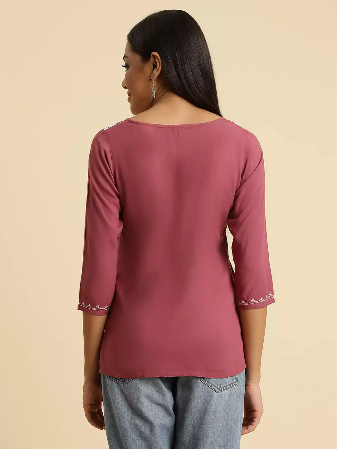 Wild Orchid Pink Kashmiri Silk Work Short Kurti - Image 2