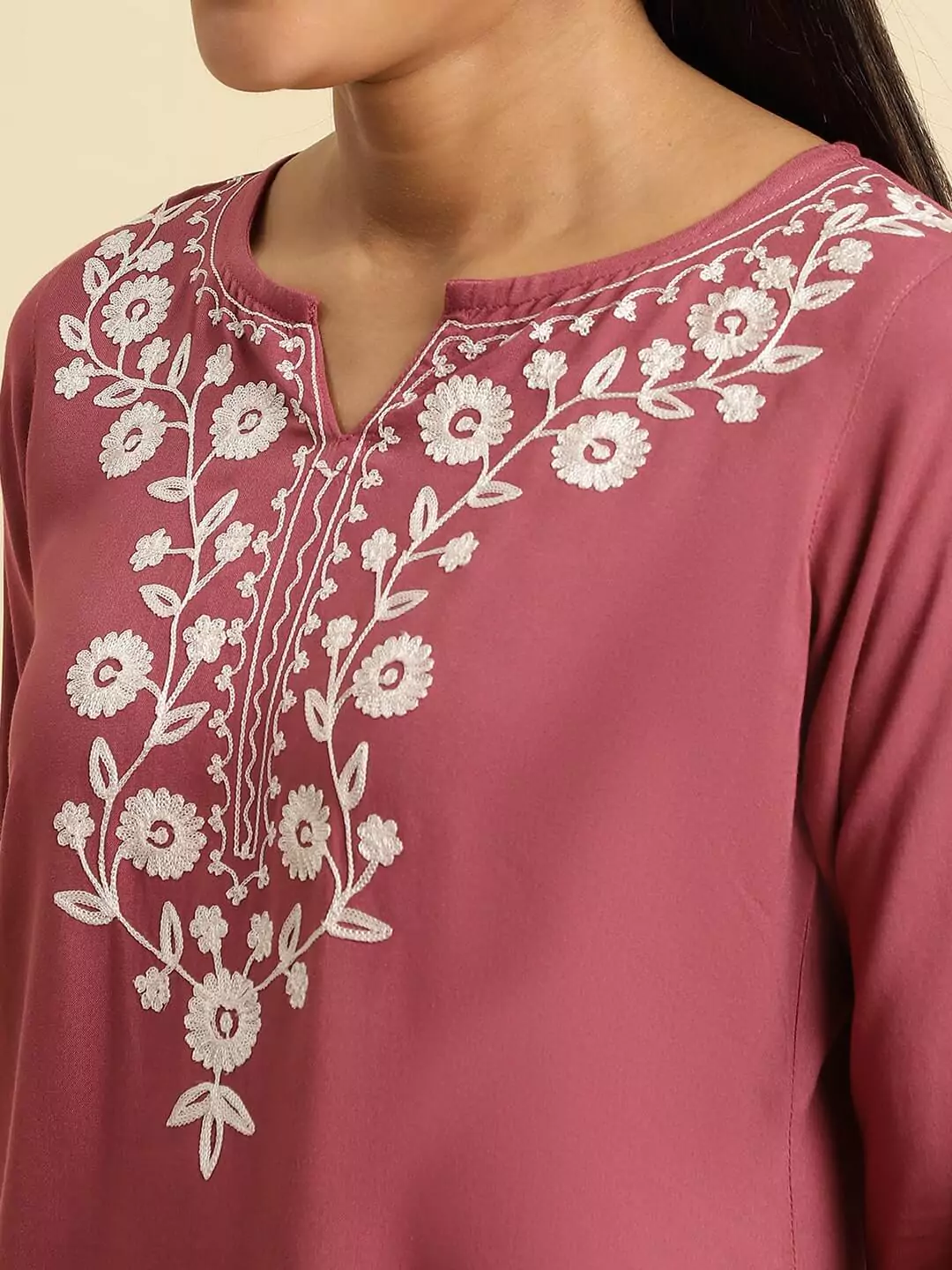Wild Orchid Pink Kashmiri Silk Work Short Kurti - Image 5