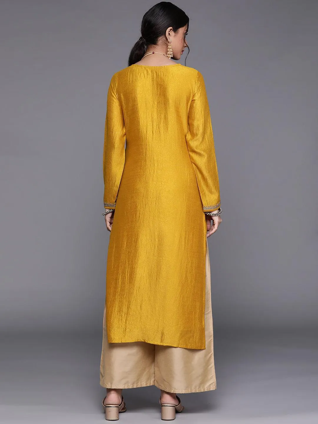 Yellow Embellished Silk Kurta - Image 5